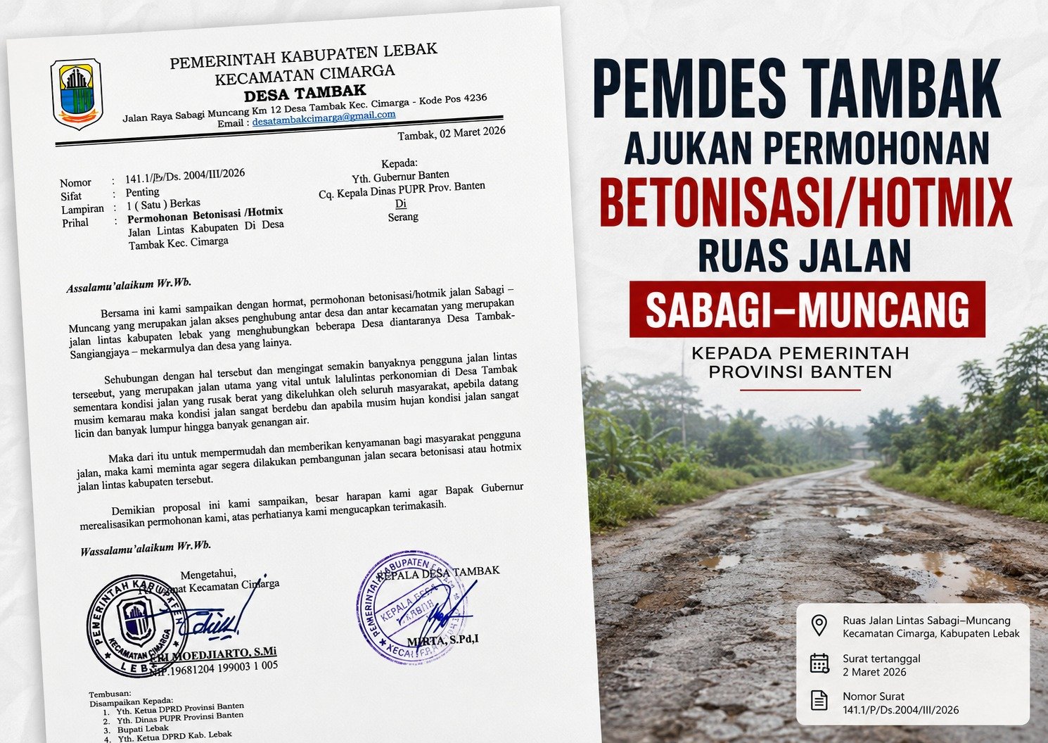 Jalan Sabagi – Muncang Rusak, Pemdes Tambak Usulkan Hotmix ke Pemprov Banten