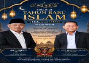 Ketua DPC GRIB JAYA Kabupaten Lebak Aki Uding bersama Sekretaris DPC GRIB JAYA Kabupaten Lebak H. Ade Irawan, M.O.T., menyampaikan ucapan Selamat Tahun Baru Islam 1448 H serta mengajak masyarakat memperkuat keimanan, persatuan, dan kepedulian sosial. (Istimewa)