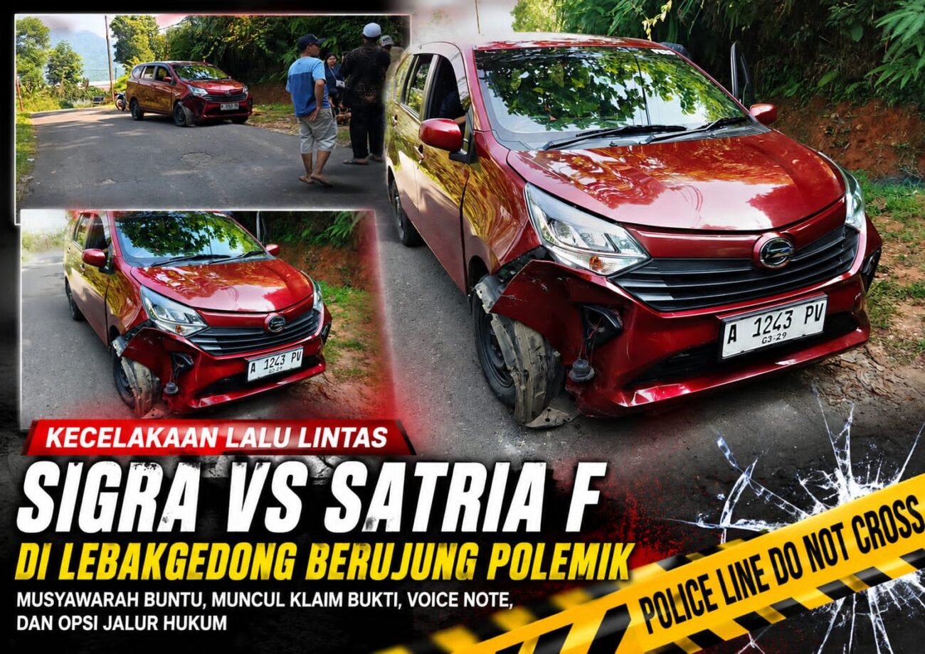 Ilustrasi polemik pascakecelakaan Sigra dan Satria F di Lebakgedong yang memunculkan perbedaan klaim serta opsi penyelesaian melalui jalur hukum. (Istimewa)