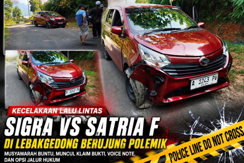 Ilustrasi polemik pascakecelakaan Sigra dan Satria F di Lebakgedong yang memunculkan perbedaan klaim serta opsi penyelesaian melalui jalur hukum. (Istimewa)