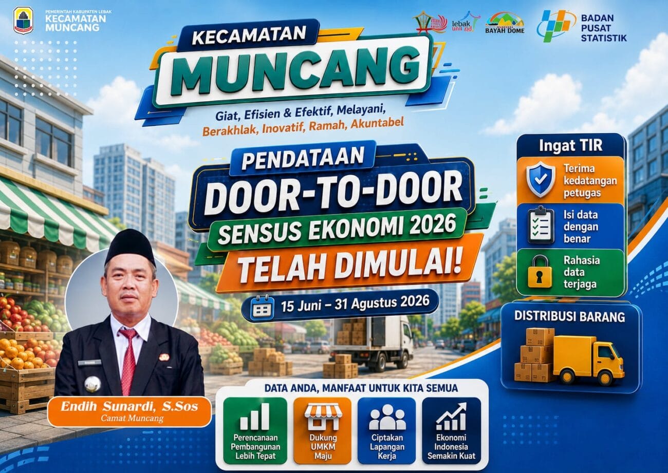 Poster Sensus Ekonomi 2026 Kecamatan Muncang yang mengajak masyarakat menerima petugas pendataan door-to-door, memberikan data yang benar, serta mendukung penyediaan data ekonomi akurat sebagai dasar pembangunan dan penguatan ekonomi nasional. (Istimewa)