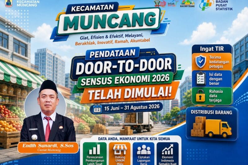 Poster Sensus Ekonomi 2026 Kecamatan Muncang yang mengajak masyarakat menerima petugas pendataan door-to-door, memberikan data yang benar, serta mendukung penyediaan data ekonomi akurat sebagai dasar pembangunan dan penguatan ekonomi nasional. (Istimewa)