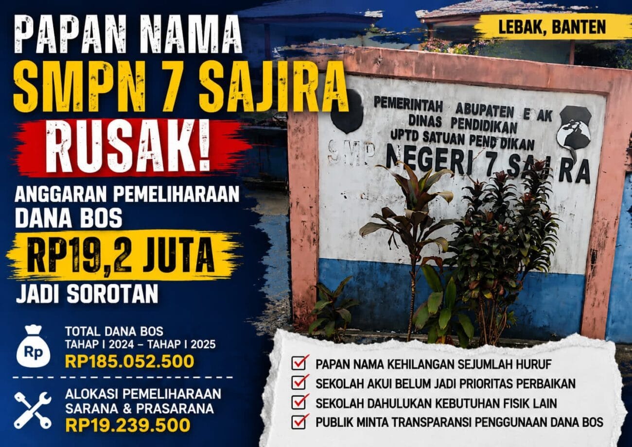 Papan nama SMPN 7 Sajira Kabupaten Lebak rusak dengan sejumlah huruf terlepas.
