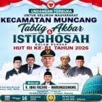 Undangan terbuka Tablig Akbar dan Istighosah Kecamatan Muncang dengan menghadirkan K. Ibnu Fachri dari Warunggunung sebagai mubalig.